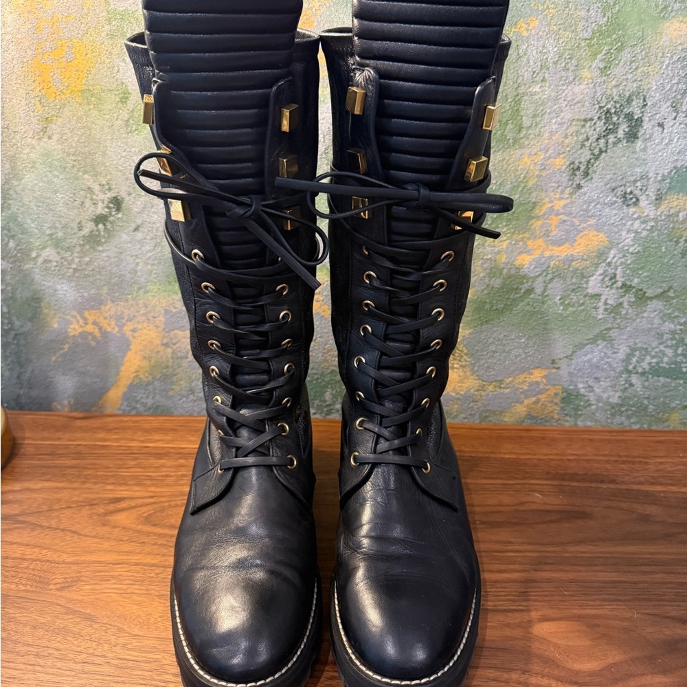Stuart Weitzman Black Combat Boots with Gold Accents